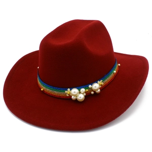 Elegant wine red wool felt fedora with rainbow band and pearl embellishments for women