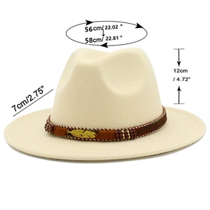 Detail showing dimensions of cream wool fedora hat with ethnic feather band