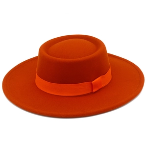 French Elegant Retro Flat Top Fedora Hat Women Wide Brim Cotton Polyester Woolen Feel Boater Hat With Ribbon Band Fashion Accessory