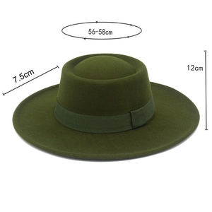 Detailed dimensions of the dark green wool felt fedora showing crown height and brim width