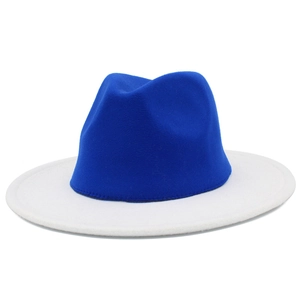 Cappello fedora bicolore in feltro di lana blu reale e bianco a tesa larga per uomo e donna