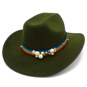 Elegant dark green wool fedora with colorful rainbow ribbon and pearl floral accents