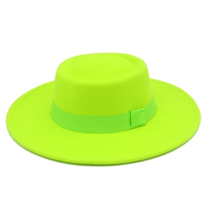 Detail of neon green wool felt boater hat with matching grosgrain ribbon trim