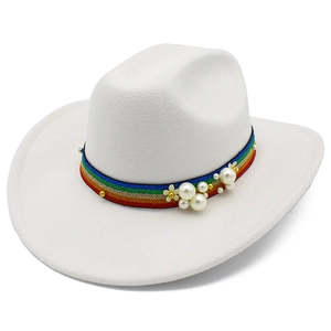 Elegant white wool felt fedora hat featuring rainbow ribbon with pearls and small flowers