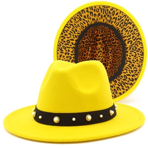 Damen Stilvoll Wollen Fedora Hut Leopardenmuster Futter Künstliche Perle Strass Gürtel Breite Krempe Jazz Hut Für Herbst Winter Mode