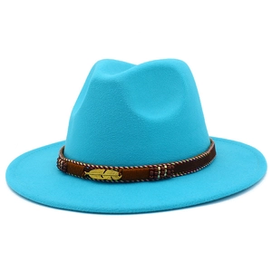 Vibrant blue wool fedora hat with a flat wide brim, woven band, and gold feather detail