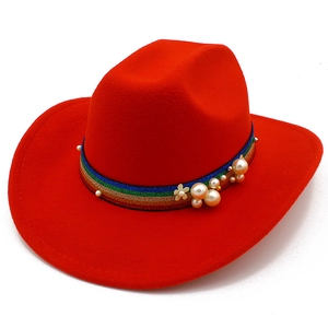 Elegant Women Woolen Fedora Cowboy Hat Rainbow Striped Band With Artificial Pearl Flower Decoration Winter Warm Wide Brim Hat