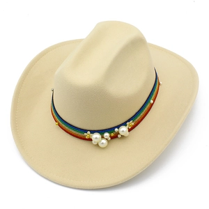 Elegant beige wool felt western cowboy hat with rainbow pearl band for women