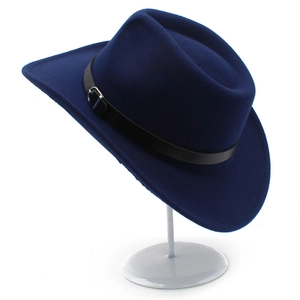 Cappello fedora in lana blu navy a tesa larga con fascia decorativa in pelle nera