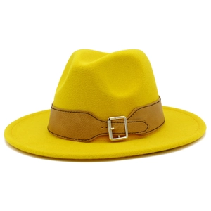 Stylish yellow wool felt fedora hat with brown faux leather band for men and women
