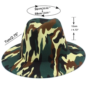 Detailed size chart for camouflage fedora hat showing 7cm brim and 12cm height