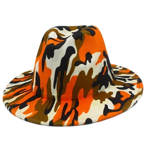 Camo wool felt fedora jazz hat with wide brim and orange camouflage pattern for unisex
