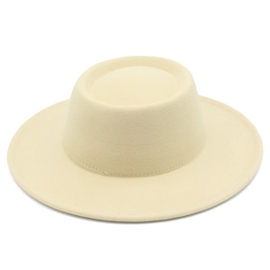 Chapeau canotier élégant en laine beige à bord large pour femme, style rétro automne