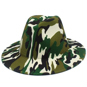 Classic camo print wool fedora hat with a flat brim and indented crown for men and women