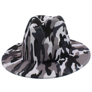 Fashionable camouflage fedora hat in black, white and grey wool felt for men and women