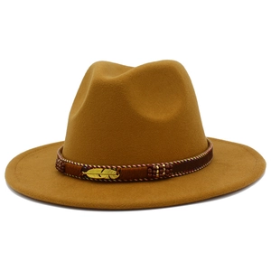 Classic camel wool fedora hat with ethnic style feather and bead band for men and women