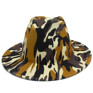 Camo pattern wide brim fedora hat in wool felt with a flat brim and classic pinched crown