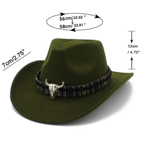 Tableau des tailles du chapeau de cowboy en laine vert foncé avec décor de crâne de bœuf