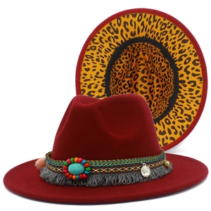 Burgundy wool fedora with bohemian woven band and stylish leopard print lining