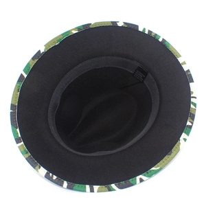 Internal view of jazz hat showing 65% cotton blend label and camouflage brim details