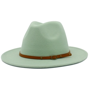 Detail of light mint wool fedora featuring a brown leather band and gold metal buckle