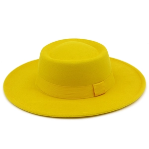 Classic bright yellow wool fedora hat with flat wide brim and matching grosgrain ribbon