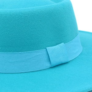 Elegant teal wool fedora hat with matching wide grosgrain ribbon and classic flat brim