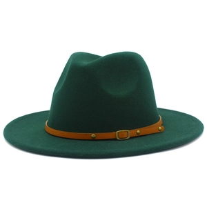 Detail of dark green wool fedora hat with brown leather band and vintage metal buckle
