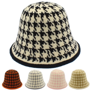 Women's Winter Warm Houndstooth Knitted Bucket Hat Fashion Vintage Soft Knitted Fisherman Hat For Daily Outdoor Warmth