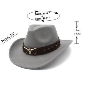 Size chart for western wool cowboy hat with leather band and silver bull emblem
