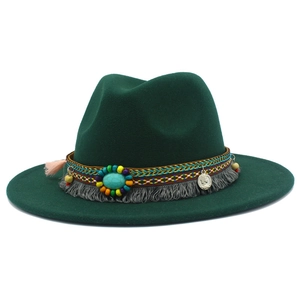 Chapeau Fedora Bohème en Feutre de Laine à Bord Large Ethnique Turquoise Pierre Gland Pendentif Pièce Cowboy Jazz Femme