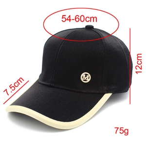 Detailed dimension chart for black baseball cap with M logo and adjustable head size