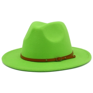 Close-up of neon green wool fedora hat featuring a brown leather strap and gold metal buckle