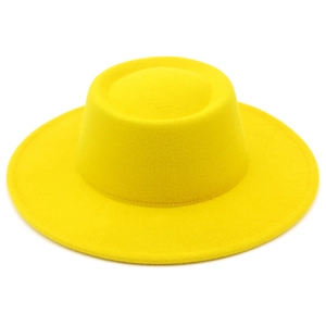 Chapeau canotier en feutre jaune à bord large pour femme style vintage élégant