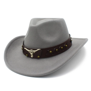 Grey wool cowboy hat with curved brim and brown leather band featuring a metal bull head