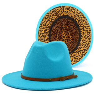 Detail of blue fedora hat with brown leather belt and leopard print lining