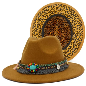 Vintage Bohemian Woolen Fedora Hat For Women Men Turquoise Woven Band Leopard Print Lining Tassels Coin Jazz Hat Autumn Winter