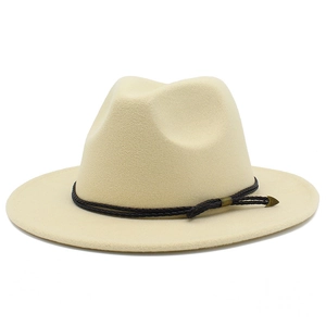 Detailed texture of beige wool fedora hat featuring a brown braided band and metal arrow