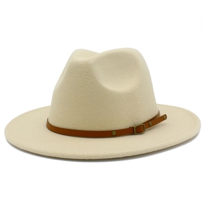 Detail of wide brim fedora hat featuring a brown leather band and metallic buckle accent