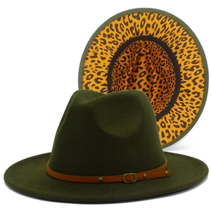 Detail view of army green wool fedora with leopard print brim lining and leather band