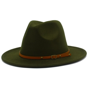 Detail view of olive green wool fedora hat with brown leather belt buckle strap