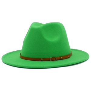 Classic bright green wool fedora hat with wide brim and brown studded leather belt