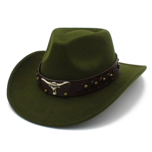Detail of dark olive wool cowboy hat with leather band and metal bull head emblem