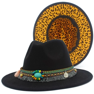 Classic black wide brim wool hat with ethnic band and vibrant leopard print lining