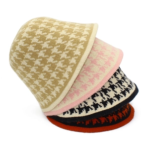 Women's autumn winter knit bucket hat collection in chic houndstooth pattern and colors