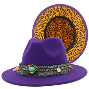 Purple fedora hat with bohemian beads and hidden leopard print under the wide brim