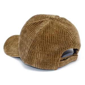 Rear view of brown corduroy baseball cap showing adjustable strap and ribbed texture