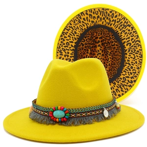 Yellow wool fedora hat with ethnic beaded band and leopard print lining for men and women