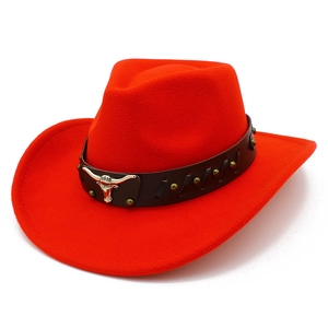 Classic bright red western cowboy hat with studded leather band and bull head ornament