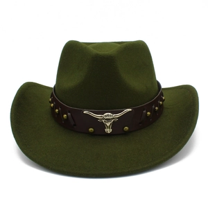 Classic olive green wool felt cowboy hat with gold bull head emblem and studded leather band
